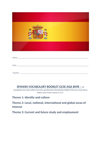 AQA GCSE Spanish 8698 Vocabulary booklet