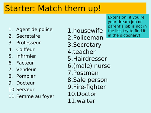 GCSE complete sequence of lessons on  les metiers / jobs  for the unenthusiastic learners