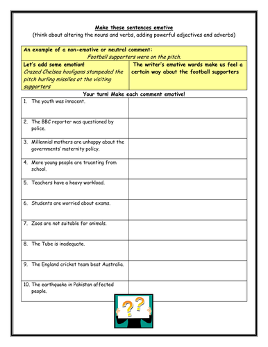 Create Emotive Sentences (persuasive writing) - worksheet
