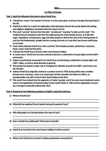 Mardi Gras/Carnival Worksheet