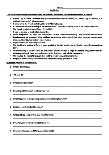 Bastille Day Worksheet