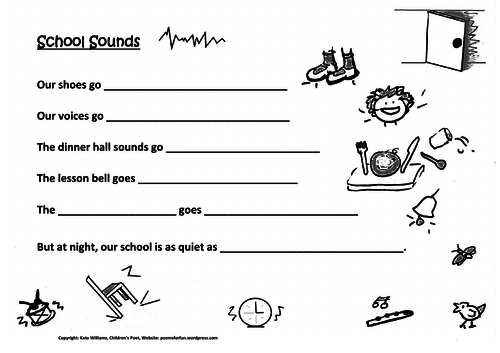 Our School Sounds - fun writing sheet for Ys 2-4: onomatopoeias
