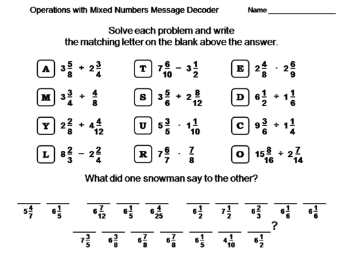 Operations with Mixed Numbers Activity: Math Message Decoder