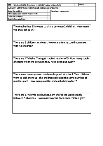 KS1 division problems with remainders and without using known facts