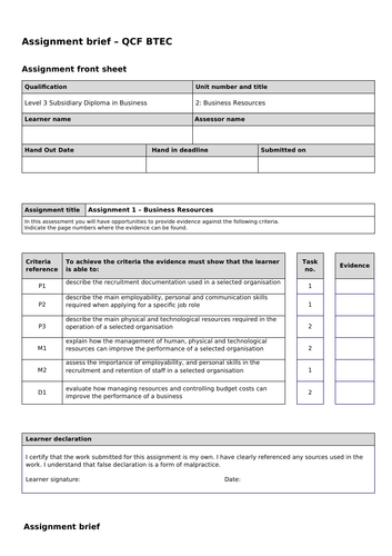L3 BTEC Unit 2 Business Resources (Assignment Briefs and Assessment Grids)