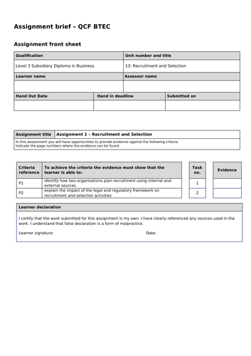 L3 BTEC Business Unit 13 Recruitment and Selection (Assignment Briefs and Assessment Grids)