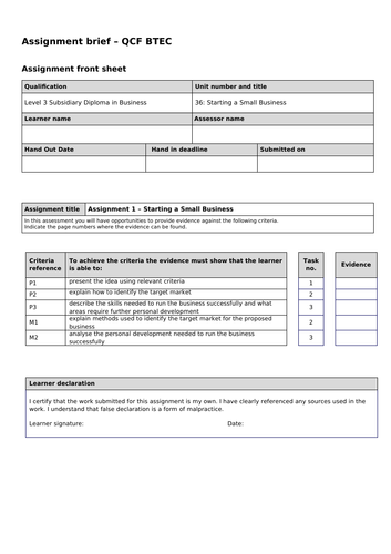 L3 BTEC Business Unit 36 Starting a Small Business (Assignment Briefs and Assessment Grids)