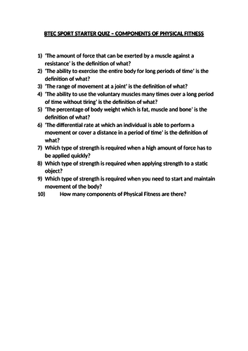 PE Healthy Active Lifestyles Quick Quiz Teaching Resources