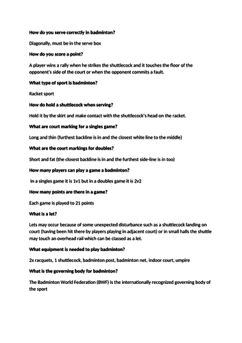 Kagan starter questions - Key Stage 3 PE