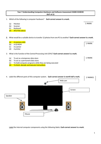 Key Stage 3 Understanding Computers Hardware and Software Assessment