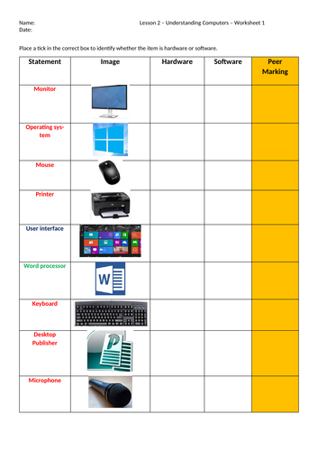 Hardware and software worksheet