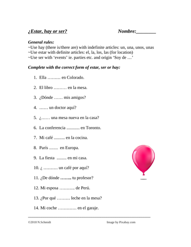 Hay, Estar and Ser with Location: Spanish Worksheet