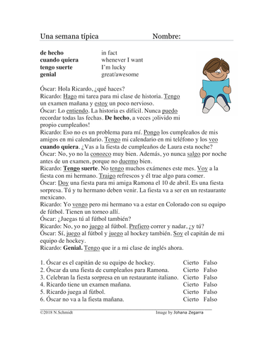Irregular Yo form Verbs Spanish Reading: Lectura con Verbos Irregulares: Mi semana típica