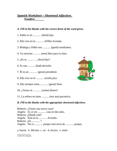 Spanish Shortened Adjectives Worksheet (bueno, alguno, primero)