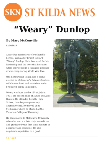Newspaper article - 'Weary' Dunlop