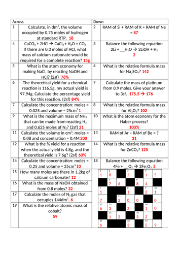 AQA GCSE Chemistry - Quantitative Chemistry Crossword (with answers)