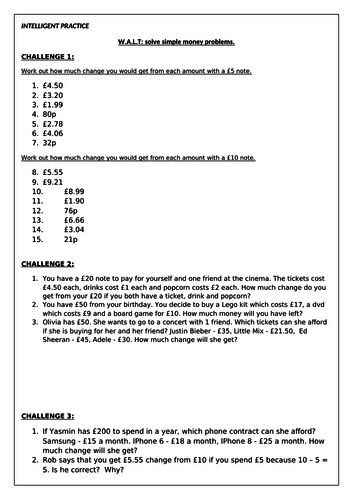 Year 4 money weekly plan