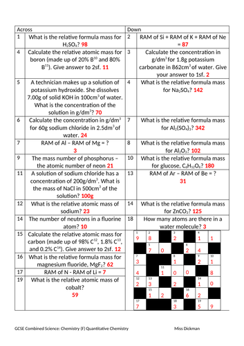 AQA Combined Science - Quantitative Chemistry Crossword Foundation (with answers)