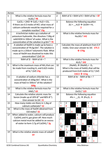 AQA Combined Science - Quantitative Chemistry Crossword Higher (with answers)