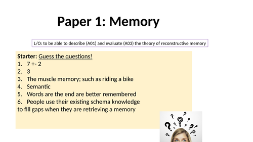 AQA GCSE Psychology 9-1- Memory: reconstructive memory- lesson
