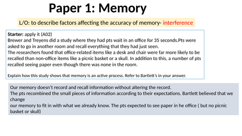 AQA GCSE Psychology 9-1- Memory: interference - Lesson