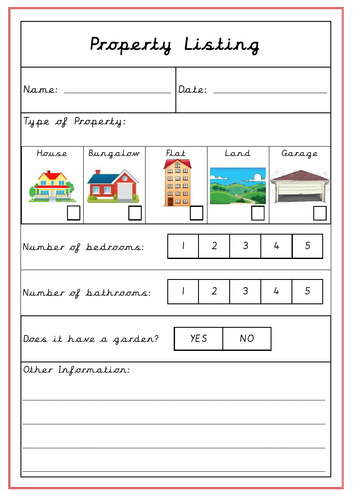 Estate Agents Role Play Area Tasks