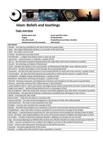 GCSE RELIGIOUS STUDIES A KEY TERMS UNIT COVER SHEET MUSLIM BELIEFS
