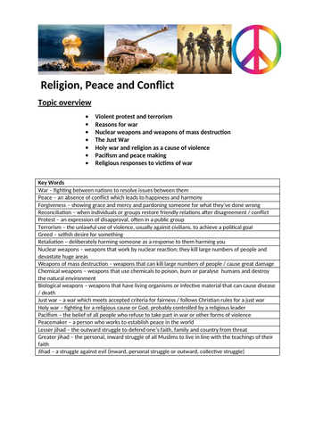GCSE RELIGIOUS STUDIES A KEY TERMS UNIT COVER SHEET PEACE AND CONFLICT