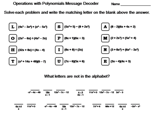 Operations With Polynomials Worksheet Math Message Decoder Teaching Resources