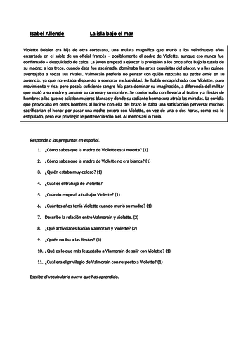 La isla bajo el mar de Isabel Allende Reading comprehension