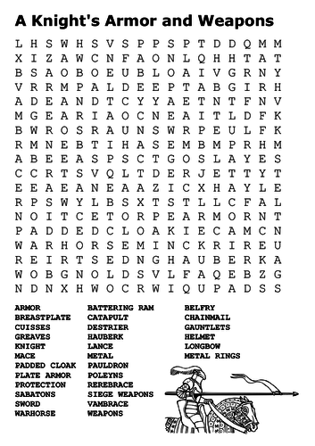 A Knight's Armor and Weapons Word Search