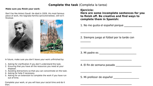 Spanish Unfinished Work Worksheet