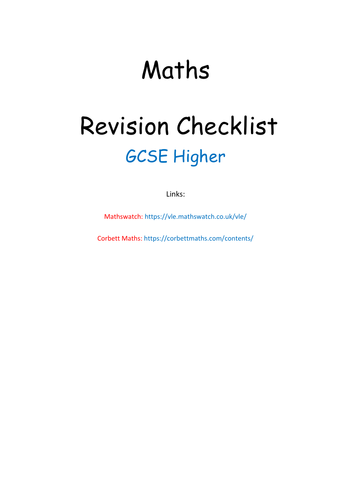 Revision Checklist - GCSE Maths Higher