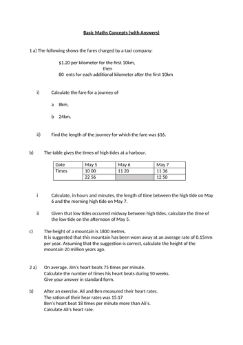 Basic Maths Concepts for GCSE with ANSWERS