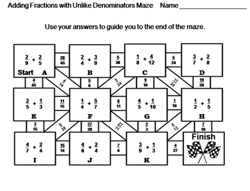 Adding Fractions with Unlike Denominators: Math Maze