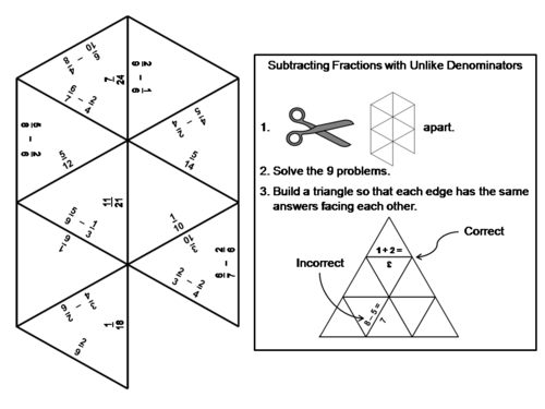 Subtracting Fractions with Unlike Denominators Game: Math Tarsia Puzzle