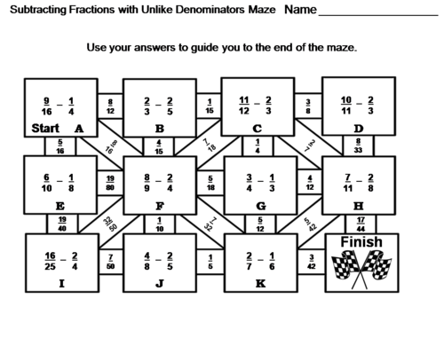 Subtracting Fractions with Unlike Denominators: Math Maze