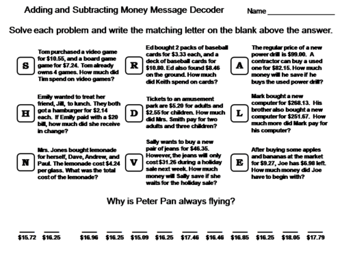 Adding and Subtracting Money Worksheet: Math Message Decoder | Teaching ...