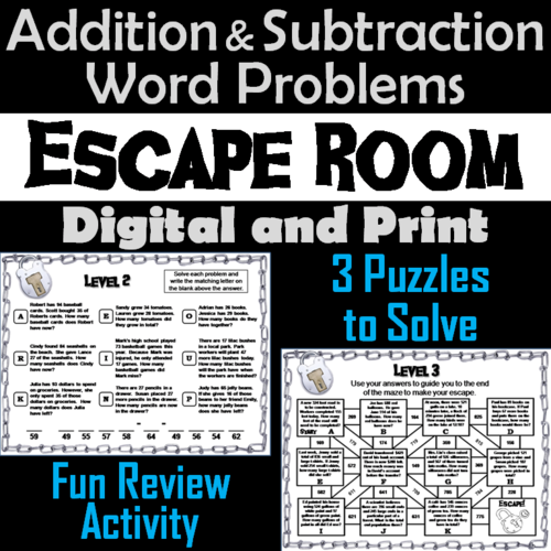 Addition and Subtraction Word Problems with Regrouping Game: Escape Room Math