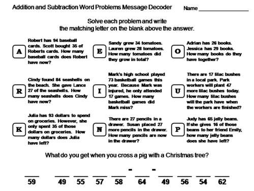 Addition and Subtraction Word Problems with Regrouping: Math Message Decoder