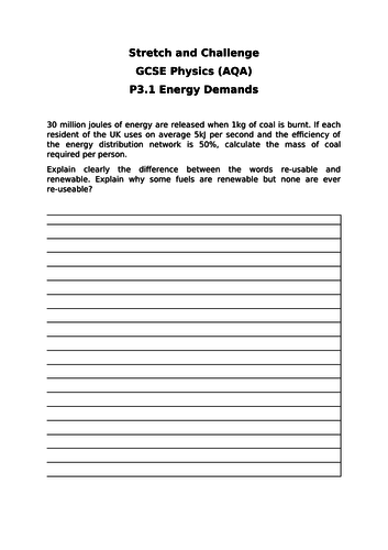 AQA Physics GCSE P3 (Energy Resources) - Gifted and Talented Resource Worksheets