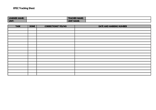 A simple individual student BTEC tracking sheet