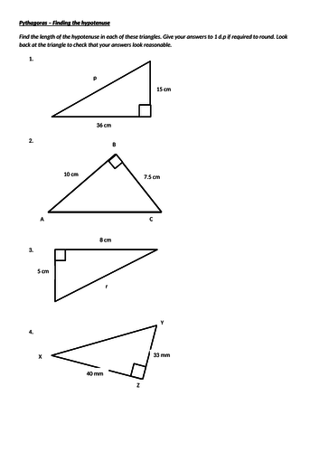 Pythagoras - Finding the Hypotenuse Worksheet WITH ANSWERS