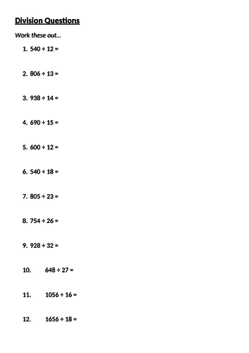 Division Questions Worksheet - ANSWERS INCLUDED