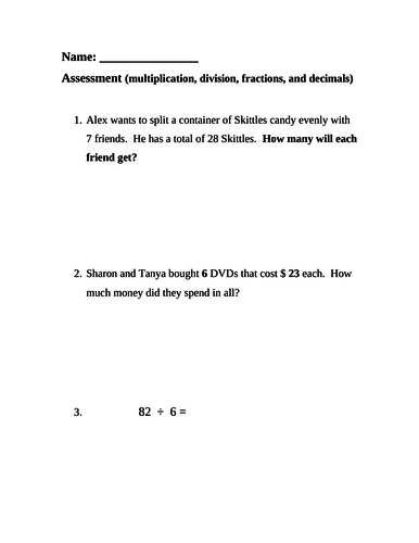 Grade 4 multiplication, division, fractions, decimals assessment