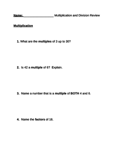 Grade 4 Multiplication and Division Review