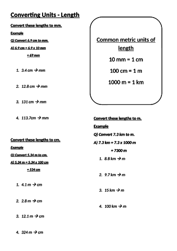 Converting Metric Units of Length Worksheet - ANSWERS INCLUDED
