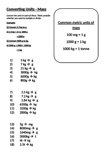 Converting Metric Units of Mass (Weight) Worksheet - ANSWERS INCLUDED