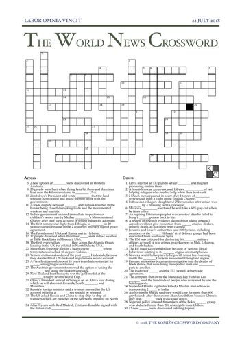 The World News Crossword - July 22nd, 2018