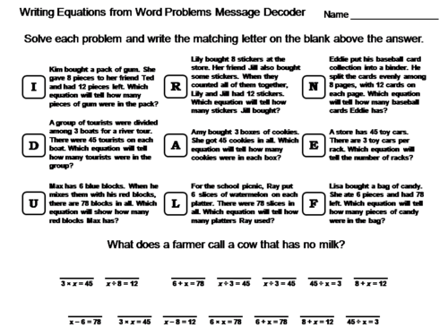 Writing Equations from Word Problems Worksheet: Math Message Decoder